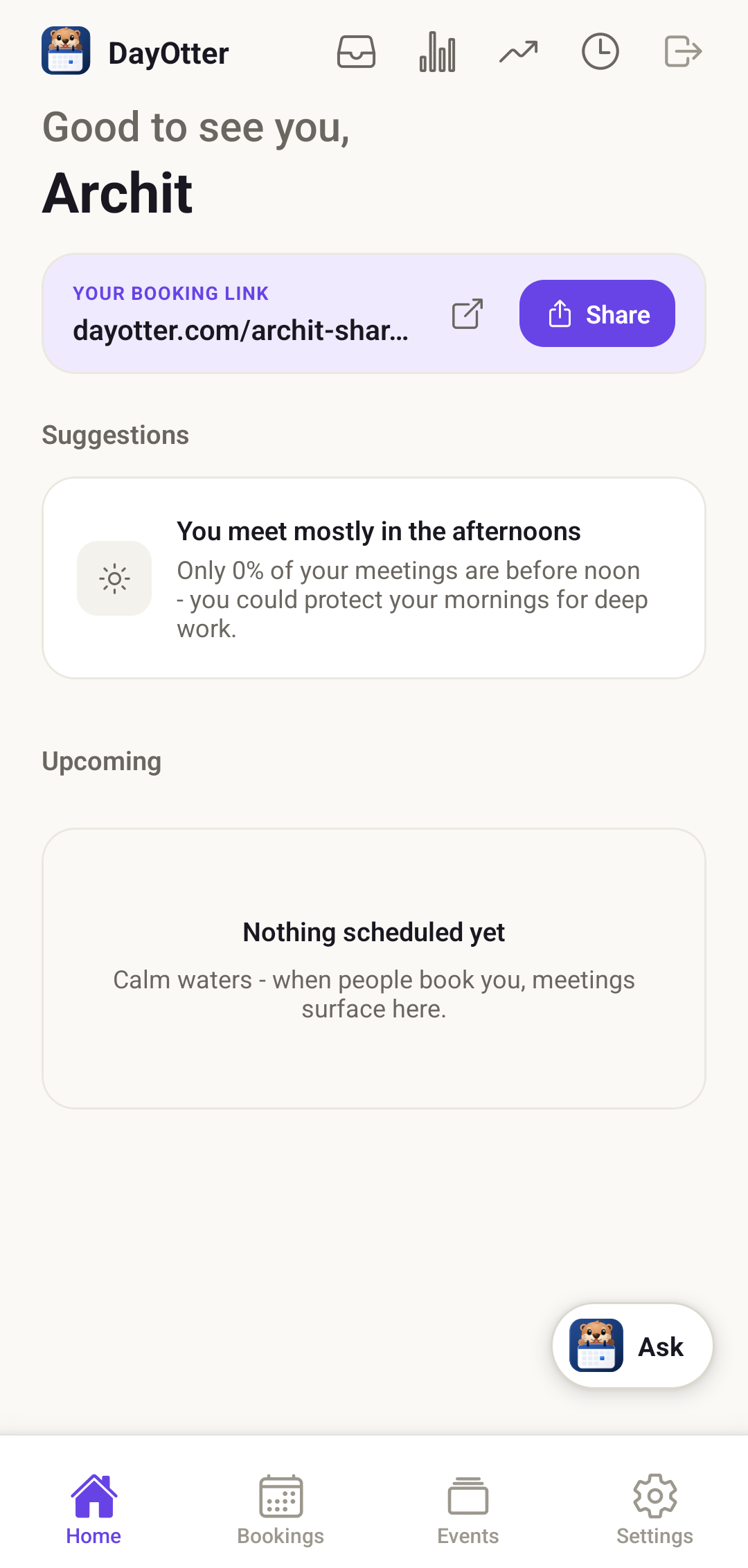 DayOtter app home screen showing the booking link, a suggestion from Otter, and upcoming bookings