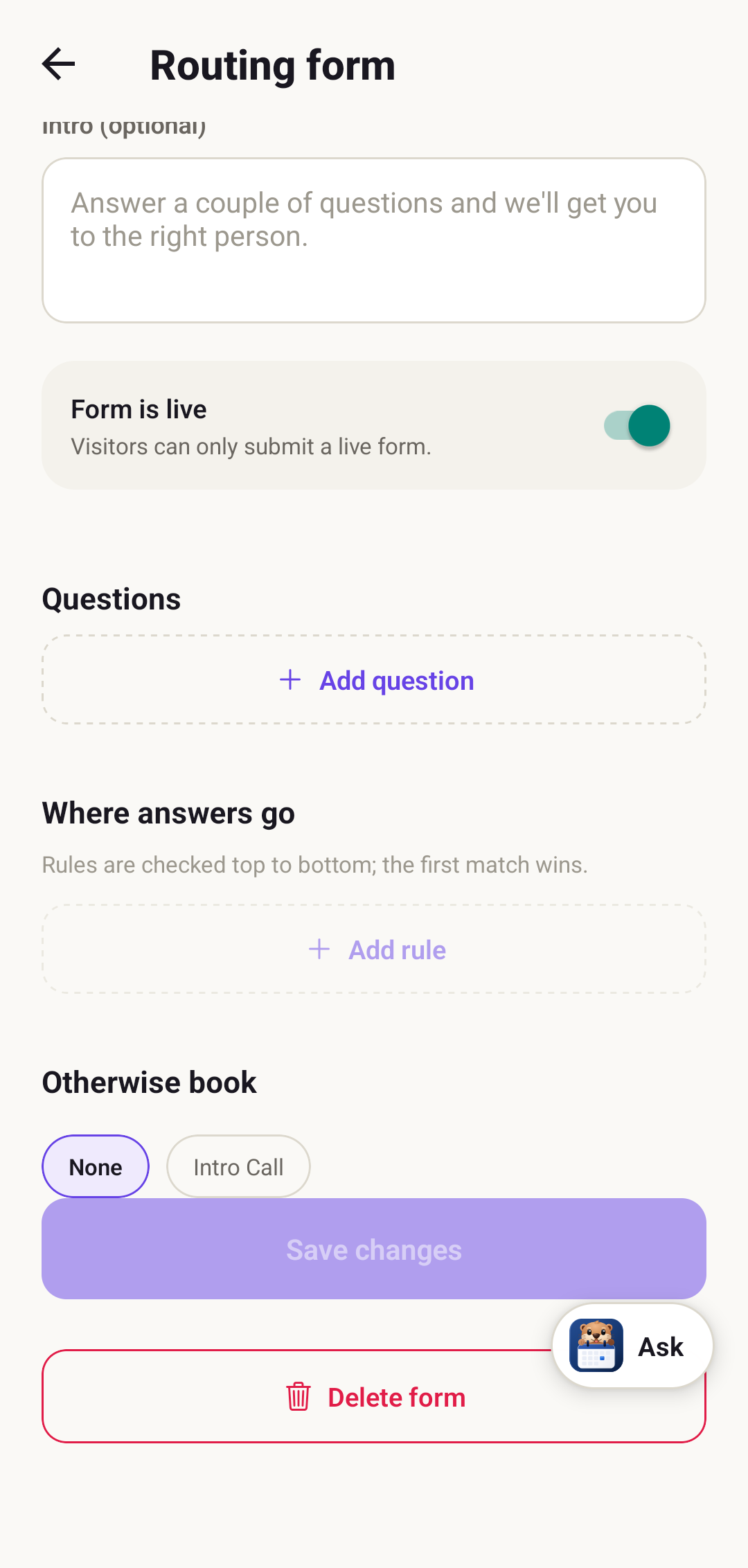 Building a routing form in the DayOtter app, with a live toggle, a Questions section, rules, and a fallback booking type